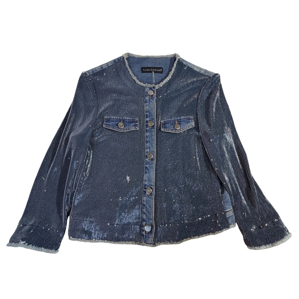 Luisa Cerano Sequin Denim Jacket Size 10 Blue Raw Edge Bell Sleeve